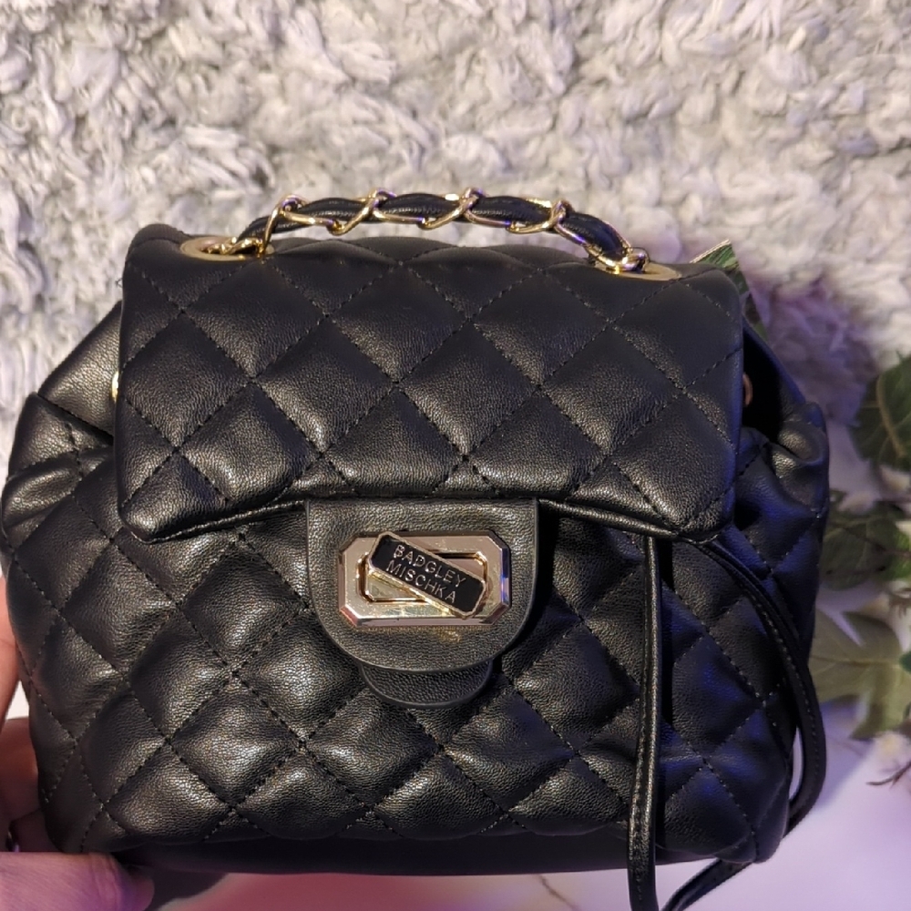 Badgley Mischka Black and Gold Quilted Mini Backpack